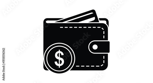 A simple black silhouette of a wallet with a dollar sign representing finance and money