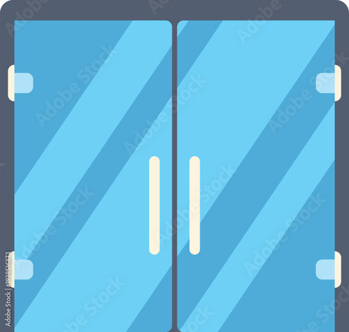Flat design vector illustration of blue glassy double doors with handles and frame