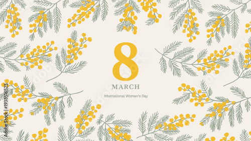International Womens Day greeting card with yellow flowers and leaves on beige background