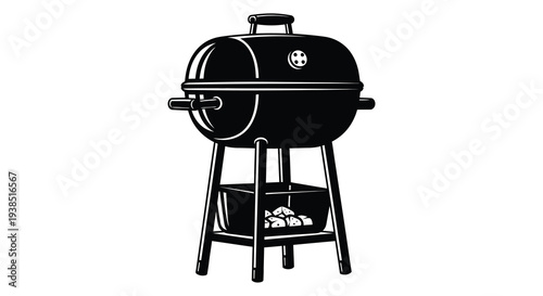 A black and white illustration of a classic kettle style charcoal grill seen from the front high quality professional