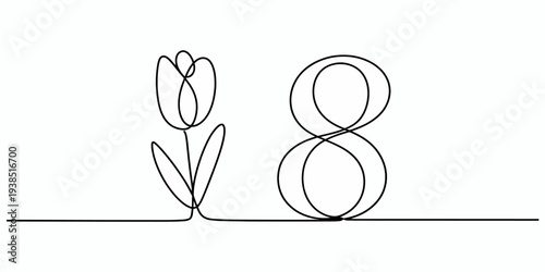 Simple line drawing of a tulip and the number eight  minimalist art