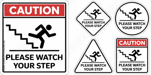 Collection of warning signs with watch your step messages and illustrations