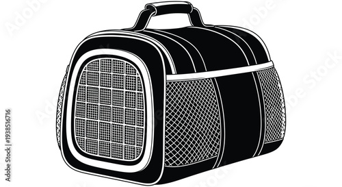 A black and white illustration of a pet carrier with a handle and mesh ventilation high quality professional