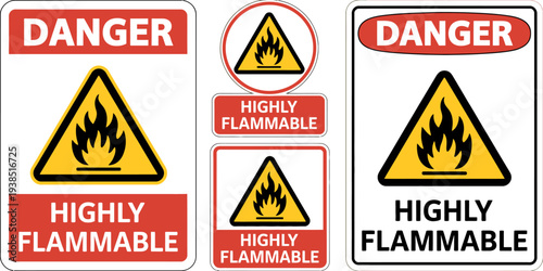 Set of highly flammable warning signs and labels  various shapes and sizes