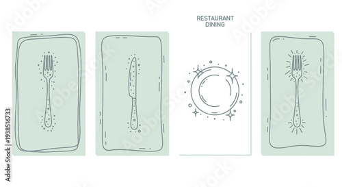 Restaurant Dining Illustration: Plate, Fork, Knife, Cleanliness, Minimalist Line Art