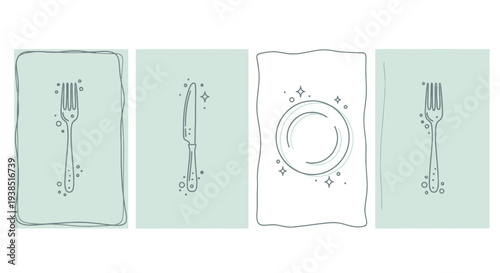 Clean Dining Utensils and Plate: Fork, Knife, Dishware Icons with Sparkle Effect