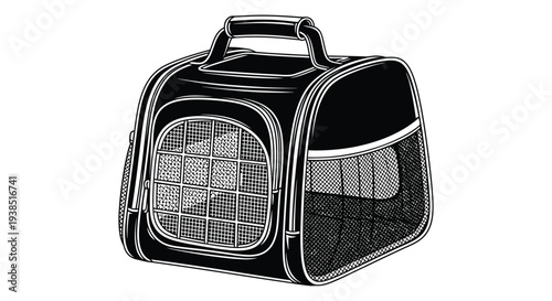 A black and white illustration of a pet carrier with mesh sides and a handle high quality professional