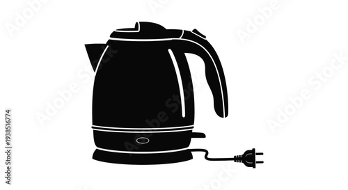 A simple black silhouette of an electric kettle with a visible power cord and plug