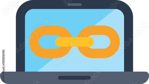 Laptop screen displaying a chain link icon representing digital connectivity and network building