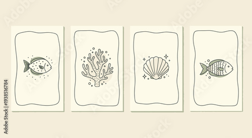 Cute Hand-Drawn Ocean Icons: Fish, Coral, Seashell on Cream Background