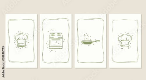 Culinary concept art: chef hat, stove, frying pan, cooking dishes, kitchen elements