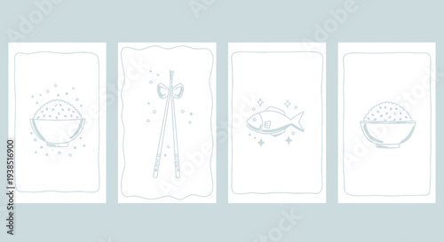 Minimalist Asian Food Icons: Rice Bowl, Chopsticks, Fish