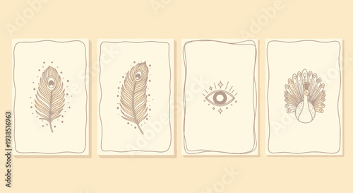 Bohemian Tarot Cards with Feather, Eye, and Peacock Illustrations