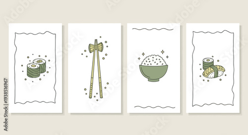 Set of Japanese Food Icons: Sushi, Rice Bowl, Chopsticks