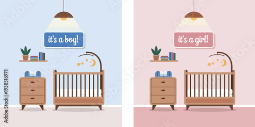 Cribs with furniture and decorations for newborn baby boy and girl  nursery room interior