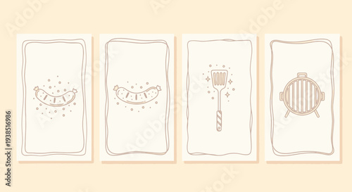 Sausage and Grill Elements - Minimalist Line Art BBQ Icons