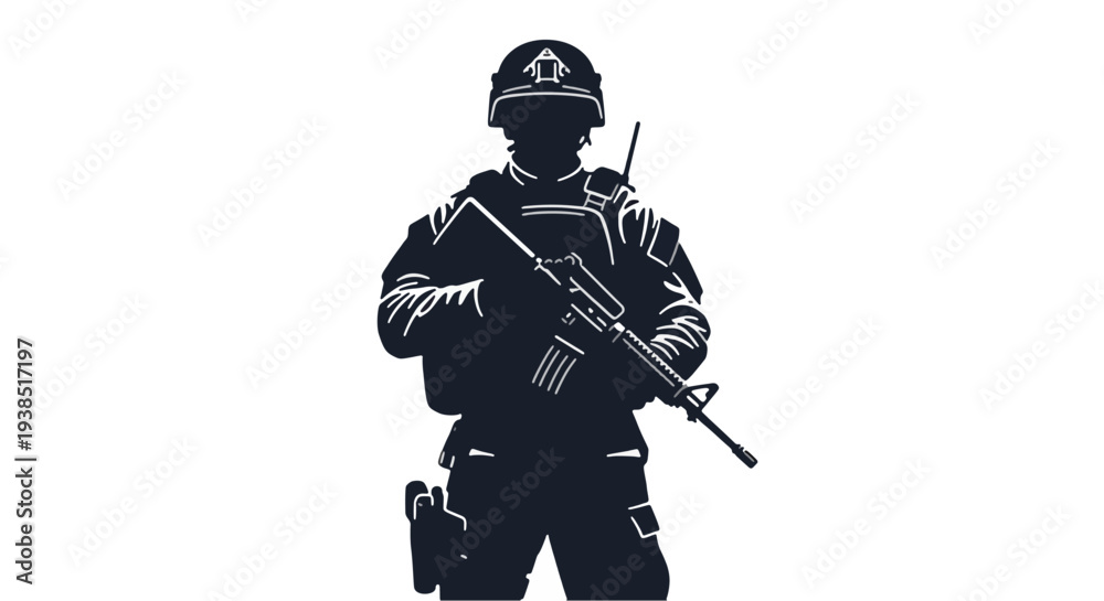 Obraz premium Armed soldier standing with rifle, tactical gear, strong silhouette style illustration, minimal flat design, war concept, isolated on transparent background, PNG