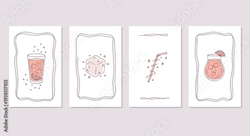Hand Drawn Cocktail Icons on White Cards