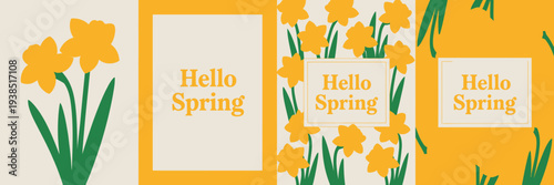 Hello Spring greeting cards with yellow daffodils and green leaves