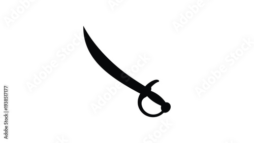 Curved pirate sword icon silhouette representing cutlass weapon, adventure symbol, historical blade, pirate theme design and nautical emblem