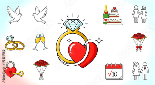 A romantic wedding scene illustrated with various elements, including a heart-shaped diamond ring, doves, champagne, and flowers, symbolizing love and celebration from a straightforward viewpoint.