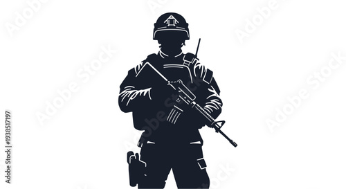 Armed soldier standing with rifle, tactical gear, strong silhouette style illustration, minimal flat design, war concept, isolated on transparent background, PNG