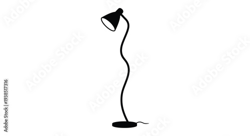 A simple black silhouette of a modern floor lamp against a plain white background high quality