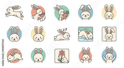 Collection of Cute Cartoon Bunny Rabbit Illustrations in Various Poses.