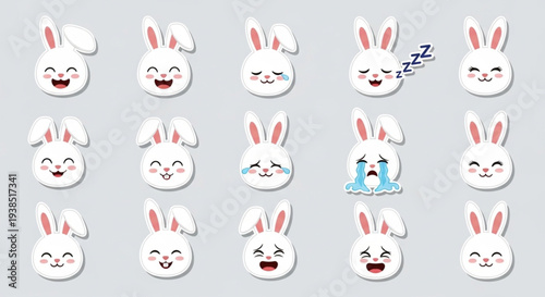 Collection of Cute Bunny Emoticons with Various Expressions.