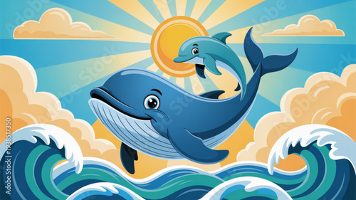 Two cartoon dolphins jumping out of ocean waves under sunny sky with clouds