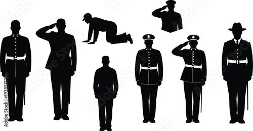 Collection of military salute silhouettes showing different saluting poses including standing, kneeling, and formal uniformed soldiers isolated on white background, respect and discipline concept