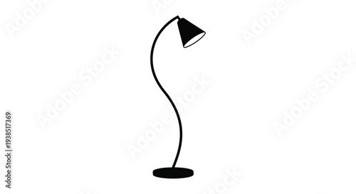 A minimalist illustration of a black arc floor lamp against a plain white background high quality