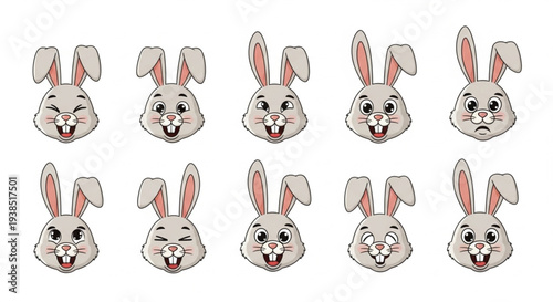 Collection of Ten Expressive Bunny Faces with Different Emotions.