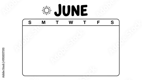 June calendar template with sun icon on white background