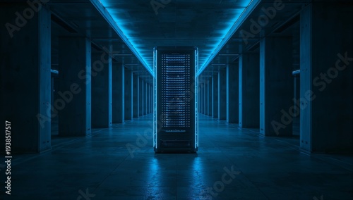 Futuristic Data Server Rack with Glowing Blue Lights in a Dark Concrete Corridor