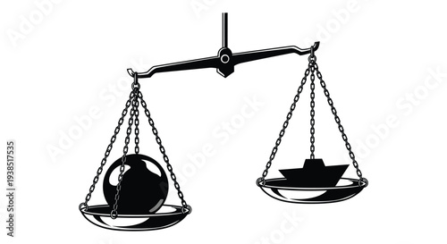 A black and white illustration of a balance scale with a planet and a ship high quality professional