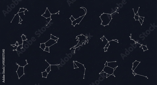Collection of Constellation Star Patterns on Dark Background.