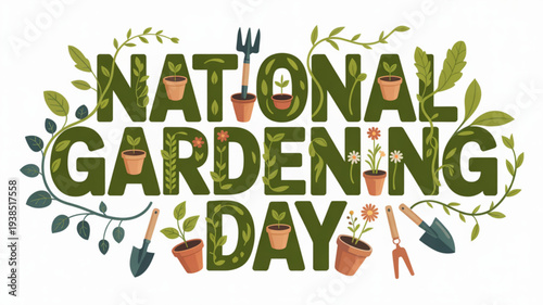 National gardening day logo with green text and gardening tools