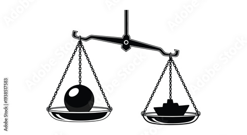 A black and white illustration depicts a balance scale with unequal weights on each side high quality professional