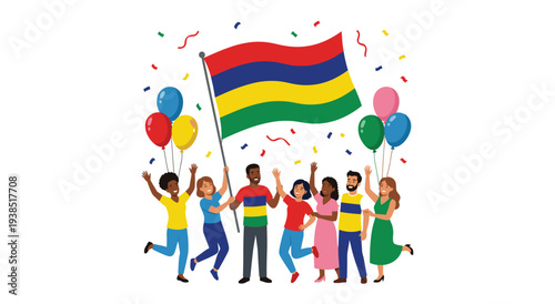 Diverse group of people celebrating mauritius independence day with large flag