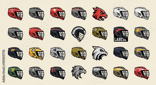 Collection of diverse hockey helmets with unique designs and logos.