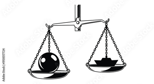 A black and white illustration of balance scales showing weight disparity between a sphere and a stack