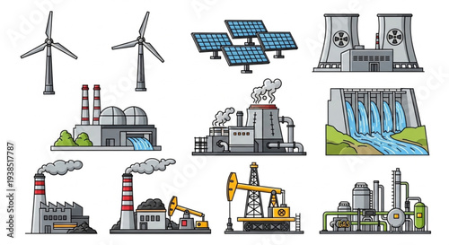 Collection of diverse energy production facilities and technologies.