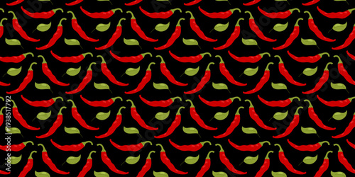 Red hot chili pepper seamless pattern on black background, spicy vegetable vector illustration
