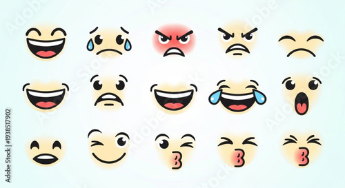 Collection of expressive cartoon emoji faces showing various emotions.
