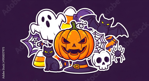 A spooky Halloween scene featuring a jack-o-lantern, bats, ghost, and skeleton, surrounded by candy and decorations, viewed from a straightforward perspective on a dark background.