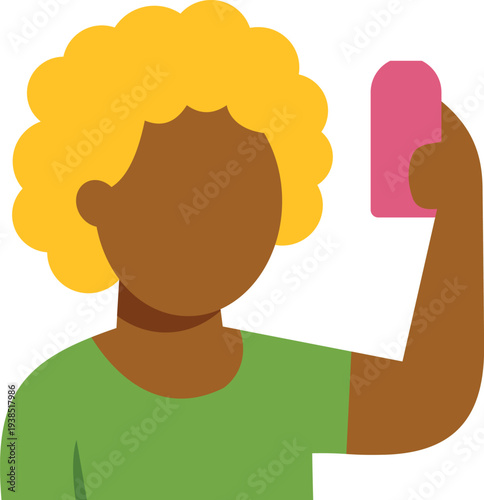 Woman holding a smartphone, capturing a selfie for social media