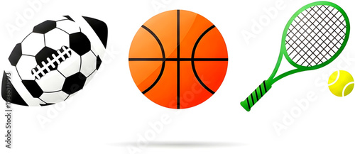 Collection of sports equipment including soccer ball, basketball, and tennis racket with ball, arranged neatly on a white background viewed from directly above