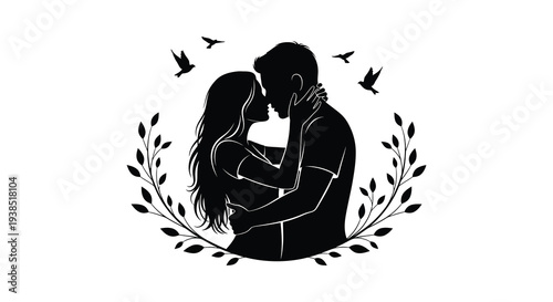 A silhouetted couple embracing intimately surrounded by birds and leafy botanical elements high quality professional detailed