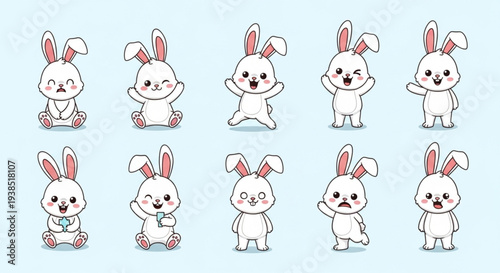 Collection of Cute Cartoon Easter Bunny Illustrations with Various Expressions.